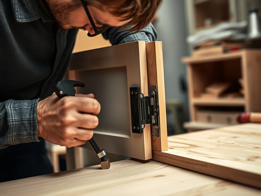 작업자가 수납장 문에 댐핑 경첩을 설치하며 간격을 조절하고 있는 장면